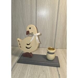 Vintage 80s Giftco Wooden Duck Goose Candle Holder Kitschy Farmhouse Blue White